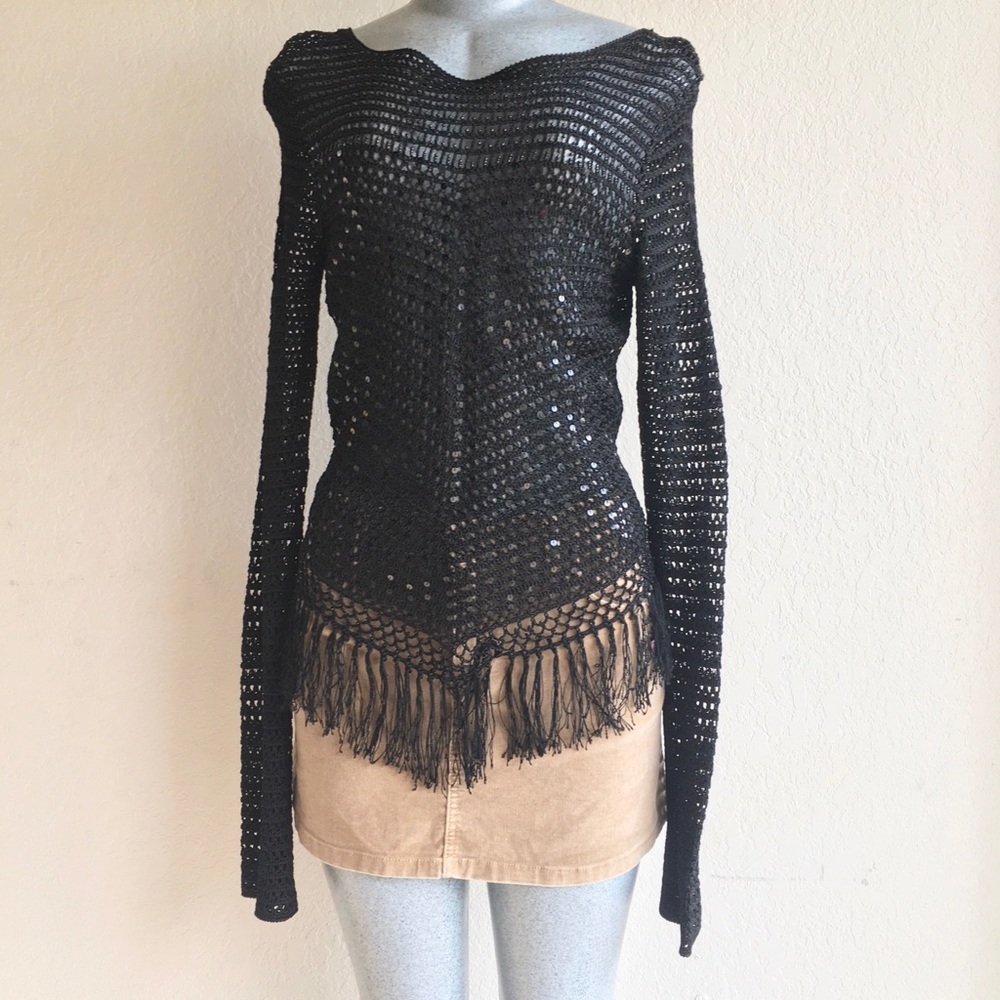 Bebe Black Rayon Crochet Fringe Long Sleeve Shirt